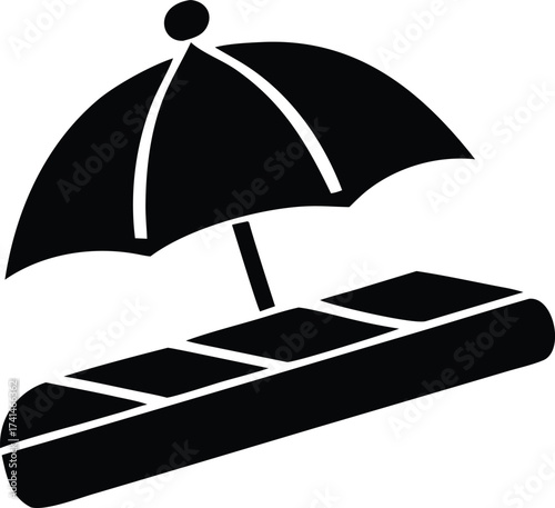 Relaxing beach scene icon silhouette of umbrella and lounger for summer vacation and holiday designs