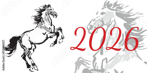 Chinese New Year 2026, the year of the Horse, red and gold line art characters, simple hand-drawn Asian elements with craft (Chinese translation: Happy Chinese New Year 2026, year of the Horse)