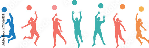 Colorful silhouettes jumping, people reaching for ball, dynamic movement illustration, sports activity, exercise concept, energy, diversity, teamwork, fitness, lifestyle