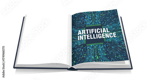 Konstfotografi A black hardcover book lies open displaying the title Artificial Intelligence on a digital circuit background