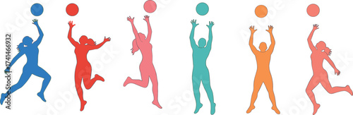 Colorful silhouettes jumping, people reaching for ball, dynamic movement illustration, sports activity, exercise concept, energy, diversity, teamwork, fitness, lifestyle