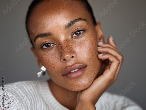 Woman with hyperpigmentation confidently facing camera during skincare shoot 