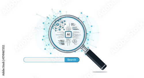 Magnifying glass examining a microchip with data connections and loading bar.