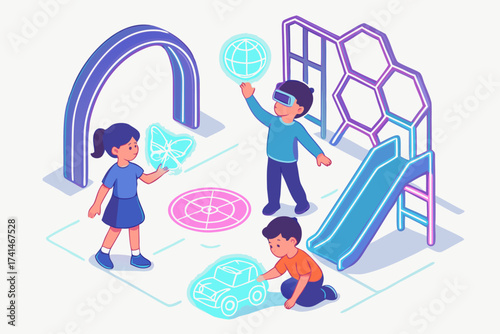 Children Interacting with Augmented Reality Playground Elements in Playful Illustration