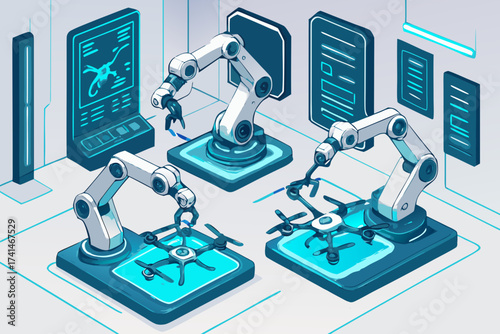 Automated Drone Assembly Line Depicted with Robotic Arms and Screens