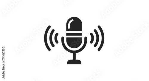 Black Microphone Icon with Sound Waves on White Background.