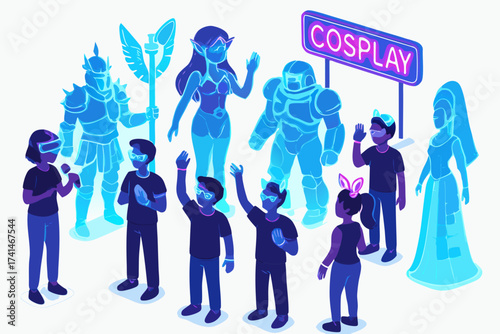 Cosplay Enthusiasts and Characters in Vibrant Blue Illustration Isometric View