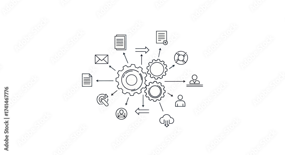 Fototapeta premium Interconnected Gears and Data Flow Illustration on White Background.