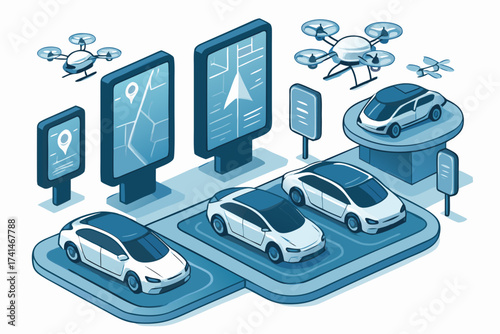Isometric Illustration of Autonomous Vehicles Drones and Navigation Displays