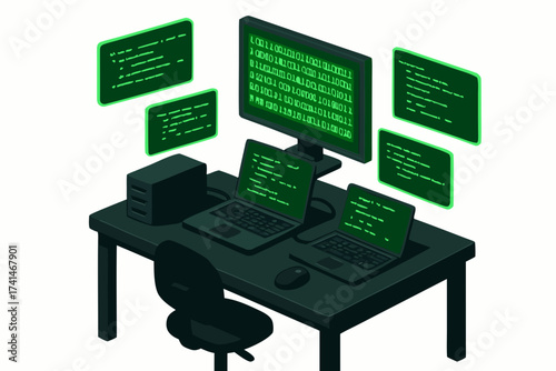 Isometric View of a Hackers Workspace with Binary Code Displayed