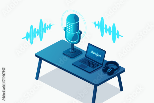 Isometric Podcast Setup with Microphone Laptop and Headphones on a Table
