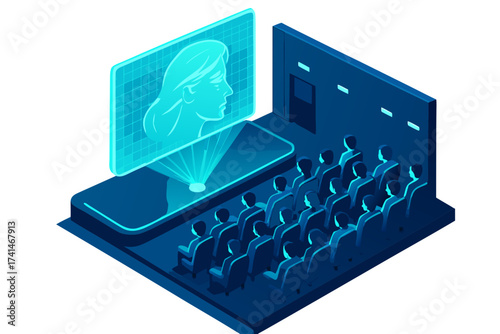 Isometric View of a Hologram Presentation with Audience in Attendance