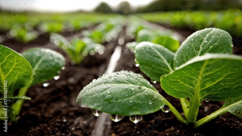 Close up of dew covered green leaves in a vegetable field after rain