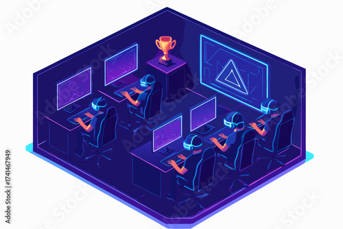 Isometric View of Gamers in VR Competing with Trophy and Neon Displays