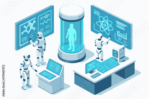 Isometric View of Robots Analyzing Data in Futuristic Laboratory