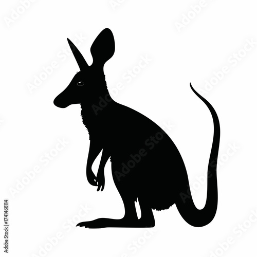 Abstract black silhouette of a small marsupial with large ears and a long tail, standing alertly on its hind legs, captured in a clean and modern vector style