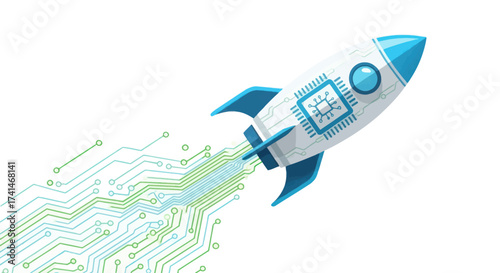 Cartoon Rocket Ship with Circuit Board Design and Blue Fins.