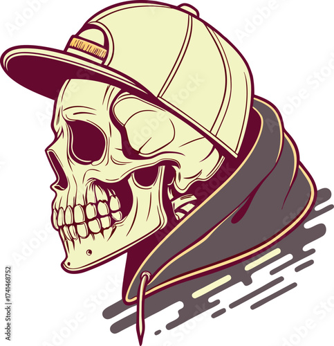 Edgy skull with baseball cap and hoodie artwork creates a bold, urban aesthetic ideal for alternative brands and striking apparel designs