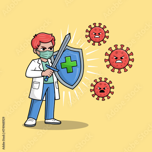 A brave doctor is seen defending against viruses with a shield and sword, symbolizing resilience, fortitude, and the fight against health threats in a vibrant illustration.