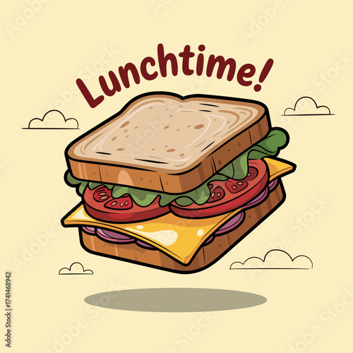 A mouthwatering sandwich featuring fresh ingredients and a 'Lunchtime!' banner, perfectly showcasing the joy and anticipation of enjoying a delicious meal during the day.