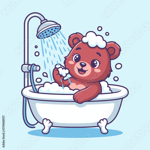 This charming illustration depicts a cute bear happily bathing in a tub filled with bubbles, showcasing a playful and relaxing atmosphere for all ages to enjoy.