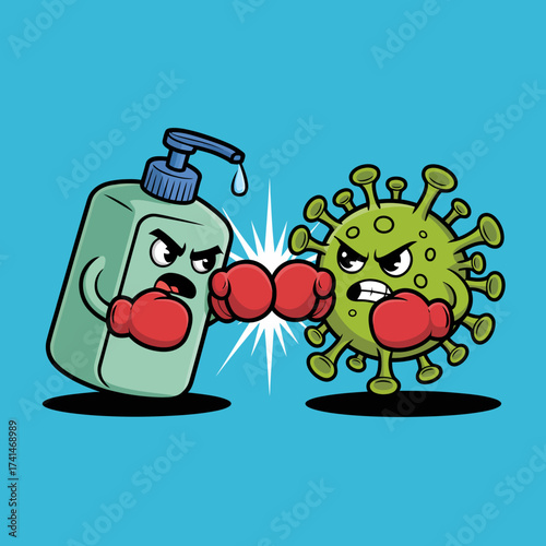This creative illustration depicts hand sanitizer fighting a virus, showcasing themes of health and protection in a fun and engaging manner, perfect for educational purposes.