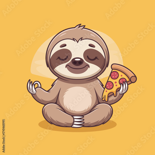 This delightful image depicts a charming sloth in a meditative pose, savoring a slice of pizza, perfectly combining relaxation and indulgence in a fun and playful way.