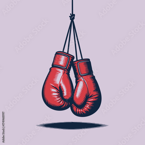 These red boxing gloves, neatly hung, symbolize strength, determination, and the spirit of sports while showcasing an illustration-style design with vivid detail.