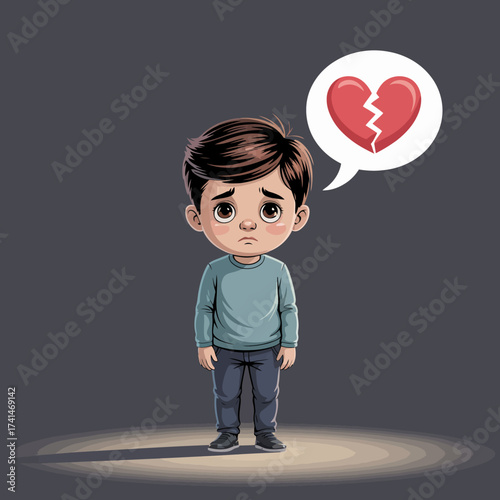 This illustration features a sad young boy expressing feelings of heartbreak, evoking emotions of loneliness and sorrow, highlighting the innocence of childhood struggles.