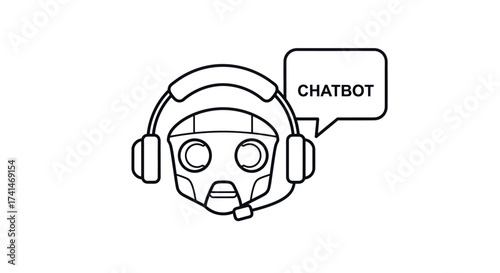 Stylized line art illustration of a friendly chatbot head with headphones and a speech bubble.