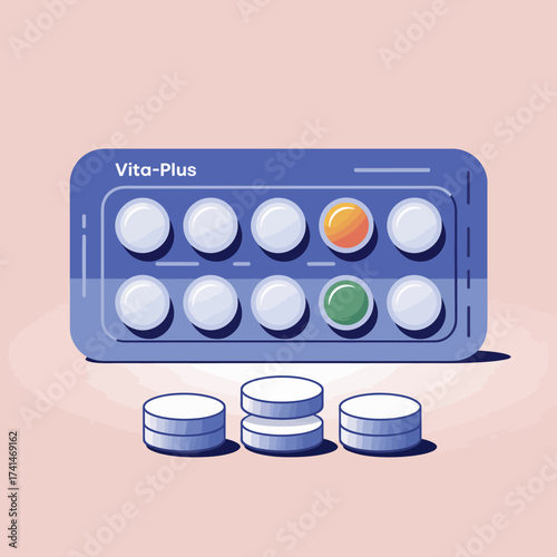 Colorful graphic of a Vita-Plus supplement package with tablets laid out beside it, blending health and wellness themes with a vibrant presentation for stock use.