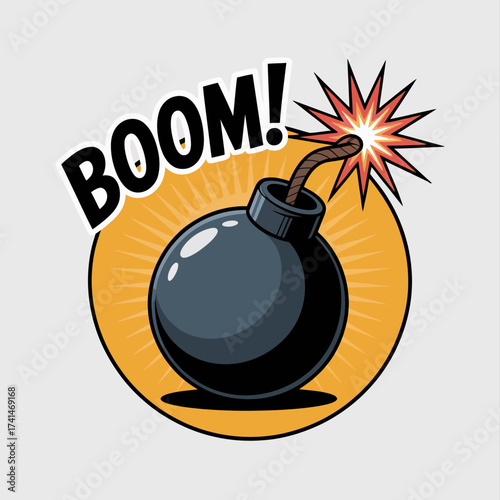 An eye-catching, comic-style illustration of a bomb with an explosive 'BOOM!' expression, capturing excitement and energy in a vibrant and graphic manner.