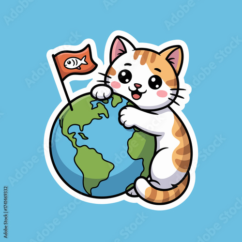 This endearing cat is joyfully hugging a globe while a flag with a fish symbolizes adventure and exploration, perfect for showcasing love for the planet and exploration.
