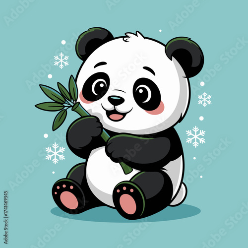 This charming cartoon panda enjoys a piece of bamboo against a serene winter backdrop, featuring soft snowflakes beautifully enhancing the cute demeanor of the playful creature.