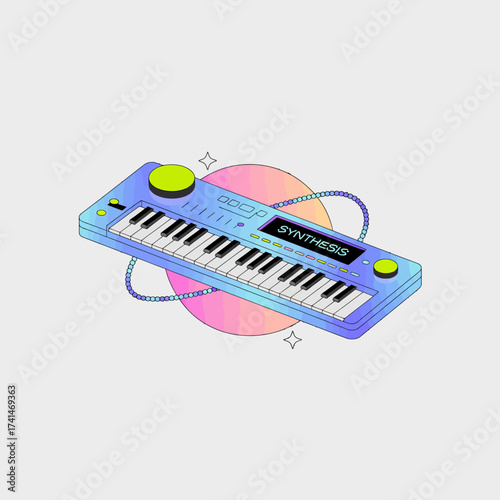 This trendy synthesizer keyboard showcases a modern design and vibrant colors, appealing to music enthusiasts eager to create and explore new soundscapes and melodies.