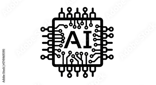 Stylized AI Chip with Circuitry and Pins.