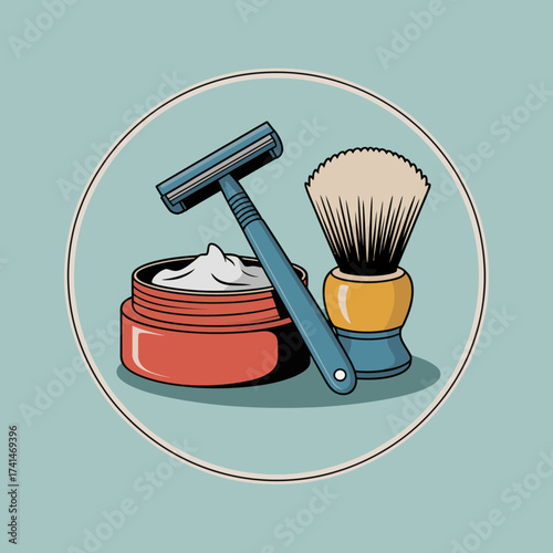 This image showcases a classic shaving kit featuring a razor, shaving cream, and a brush. Ideal for promoting grooming products and personal care.