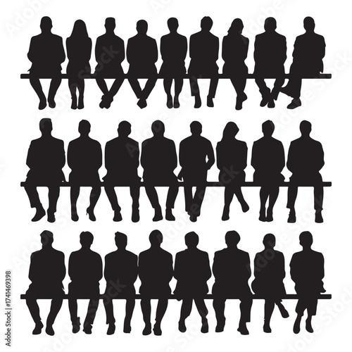 Silhouette sitting people, men, women on chair bench, vector human poses, black outline characters, modern casual posture, editable design, isolated group collection.