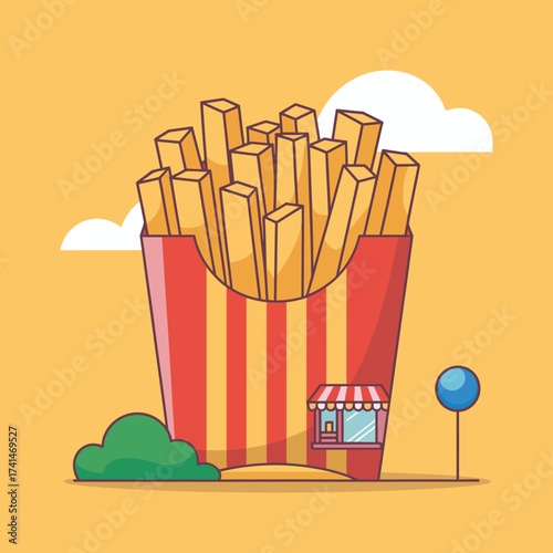 An eye-catching illustration of a large box of French fries next to a small food stand, evoking feelings of fun and nostalgic enjoyment associated with fast food culture.