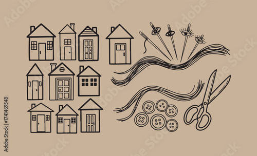 Whimsical hand drawn houses and craft supplies illustration
