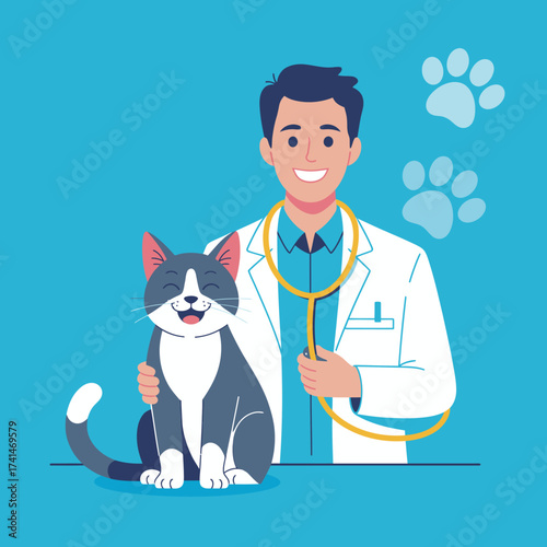 This cheerful illustration of a veterinarian holding a content cat emphasizes themes of care, companionship, and professionalism in the field of animal health and wellness.