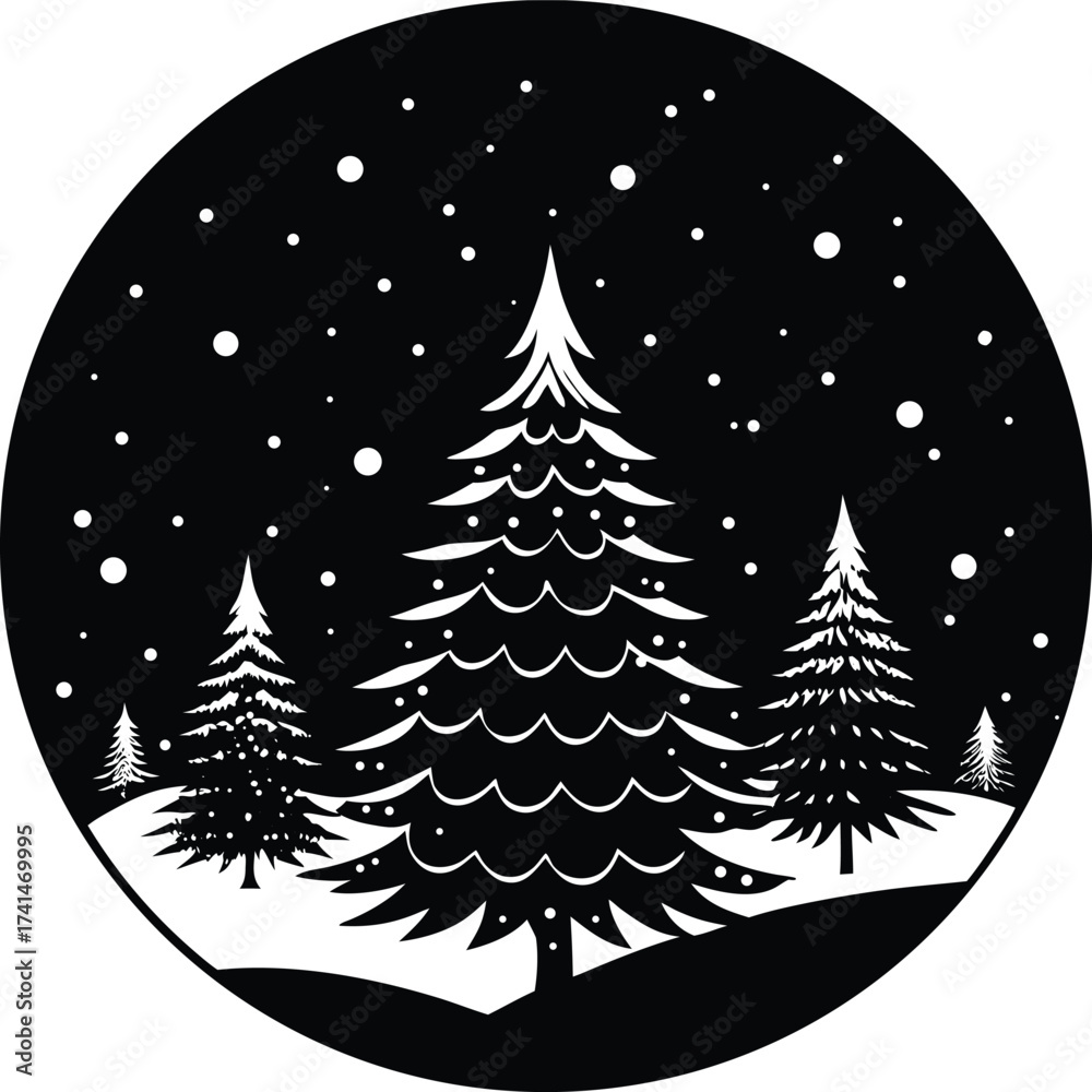 Obraz premium Vector art of silhouette of christmas trees in a snowy landscape at night, depicted in a circular frame with falling snow