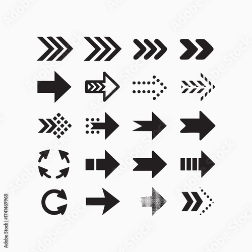 Set of black arrow icons simple flat vector design elements for navigation isolated on white background
