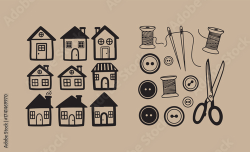 Hand drawn houses and sewing supplies illustration
