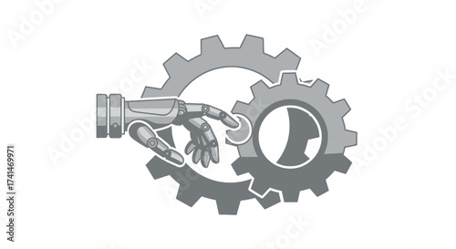 Robotic Hand Interacting with Two Interlocking Gears Illustration.