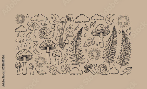 Whimsical forest elements doodle art with mushrooms and celestial motifs