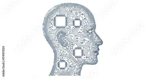 Human Head Profile as Digital Circuit Board with Microchips.