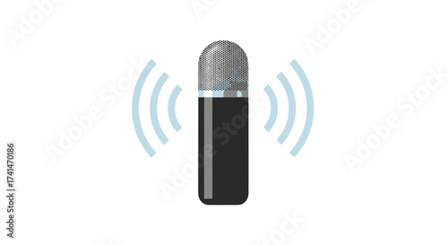 Digital black and silver microphone with blue sound waves for audio recording.