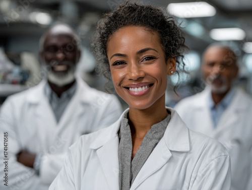 Diverse team of dermatologists in lab coats testing products 
