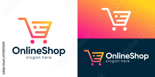Creative modern online shop logo template. Cart shop with abstract tech symbol logo design vector illustration.